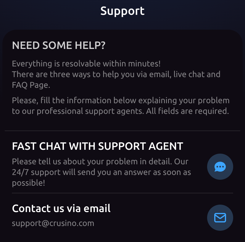 Crusino Casino Support
